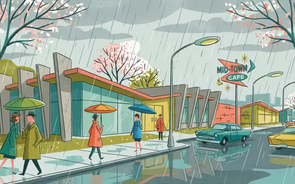 5K Ultra HD PC desktop wallpaper and background: retro mid-century street scene at Mid‑Town Café in spring rain, umbrellas, puddles, and vintage cars.