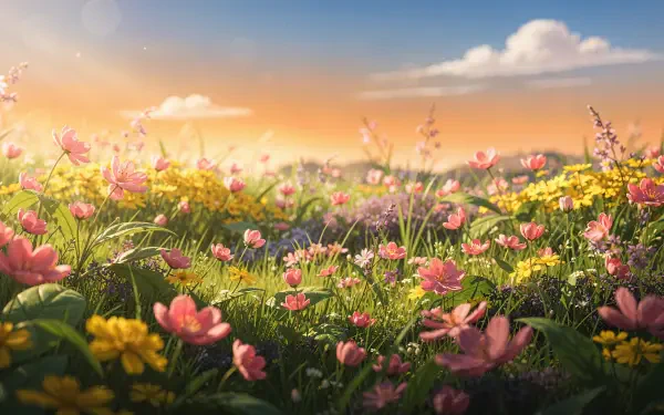 Colorful spring meadow at sunrise with pink and yellow wildflowers, soft light and drifting clouds — 4K Ultra HD PC Desktop Wallpaper and Background.
