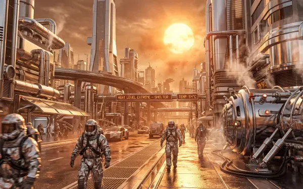 5K Ultra HD PC wallpaper — heatwave over a sun-scorched futuristic industrial city, reflective streets, rising steam and figures in protective suits.