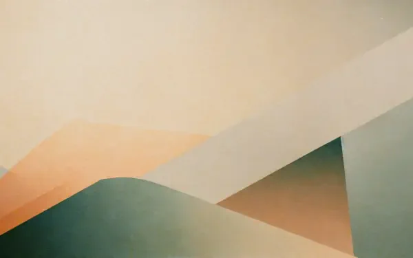 4K Ultra HD PC desktop wallpaper and background: minimalist abstract landscape of layered geometric hills and diagonal beams in muted greens, peach and beige with soft gradients.