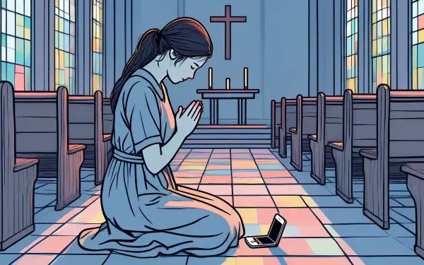 5K Ultra HD PC desktop wallpaper and background: stylized illustration of a woman kneeling in prayer inside a stained-glass church, hands clasped beside an open laptop on a tiled floor.