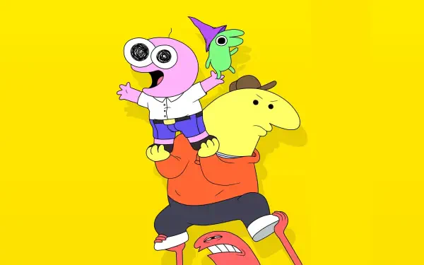 Smiling Friends 4K Ultra HD PC desktop wallpaper: cartoon trio stacked in a playful pose on a bold yellow background.