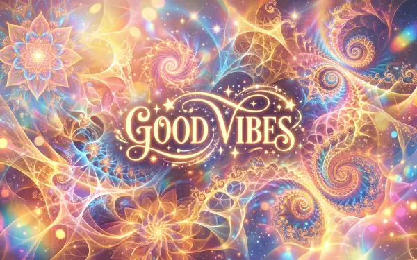 5K Ultra HD PC desktop wallpaper: colorful fractal floral swirls and glowing stars with GOOD VIBES script, radiating warm pastel light.