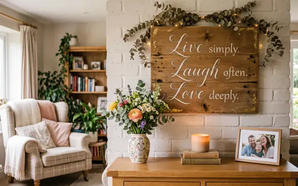 Cozy living room scene with a wooden Live Laugh Love sign above a vase of flowers, armchair and framed photo — 5K Ultra HD PC Desktop Wallpaper and Background