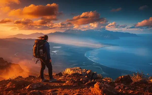 Wanderlust: hiker on a rocky summit at sunset overlooking a curving coastline and dramatic clouds — 4K Ultra HD PC desktop wallpaper/background