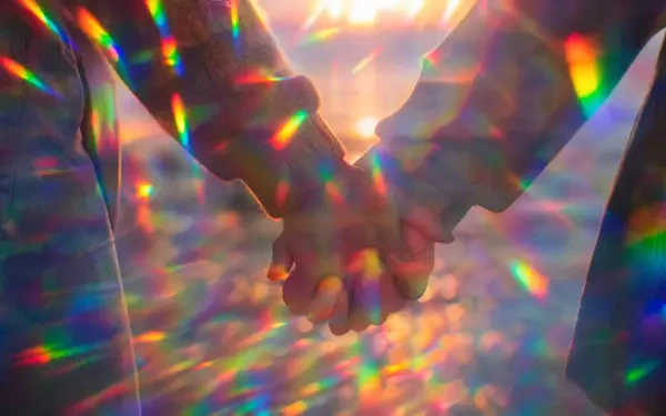 Holding hands in close-up at sunset, prismatic rainbow refractions and bokeh create a dreamy scene — 4K Ultra HD PC desktop wallpaper/background.