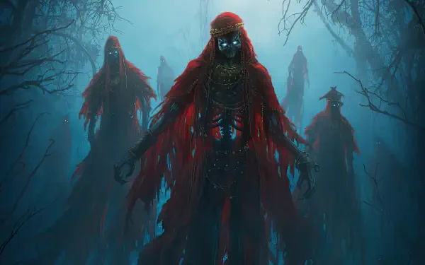 The Lord of the Rings: The Rings of Power 4K Ultra HD PC desktop wallpaper: three hooded, red-cloaked wraiths with glowing eyes looming through a misty blue forest.