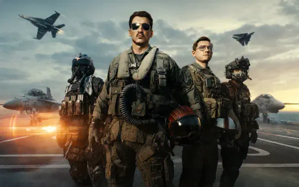 Top Gun: Maverick 4K Ultra HD PC desktop wallpaper/background: fighter pilots in flight suits on an aircraft carrier deck with jets flying overhead at sunset.