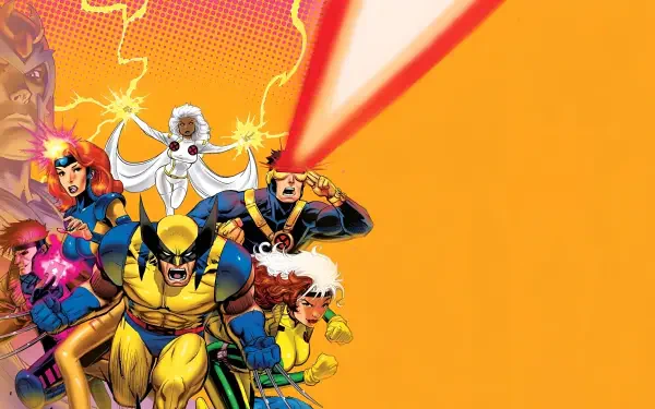 Vibrant X-Men 4K Ultra HD PC desktop wallpaper and background showing Wolverine charging front, Cyclops firing an optic blast, Storm, Rogue and teammates against a bold orange backdrop.