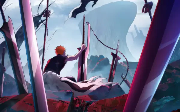 Bleach: Thousand-Year Blood War 4K Ultra HD PC desktop wallpaper — Ichigo stands on a blood-red field, sword raised toward a looming, shadowy fortress beneath a stormy sky.
