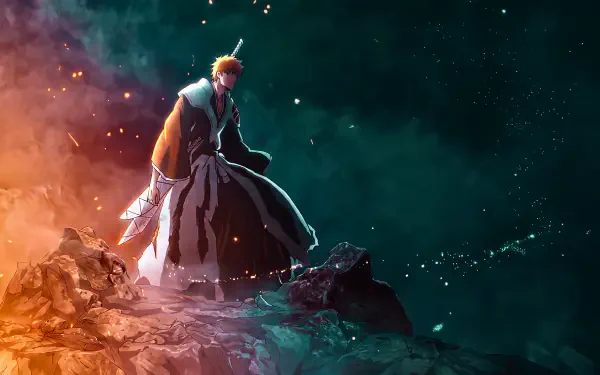 Ichigo Kurosaki from Bleach: Thousand-Year Blood War stands on a rocky outcrop, sword drawn beneath a teal, star-speckled sky — 5K Ultra HD anime PC desktop wallpaper.