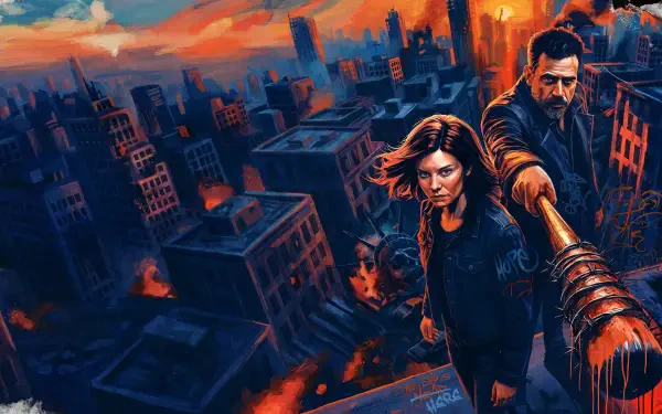 4K Ultra HD PC desktop wallpaper and background: The Walking Dead: Dead City — two hardened survivors on a rooftop survey a burning, crumbling city at dusk, one wielding a barbed weapon.