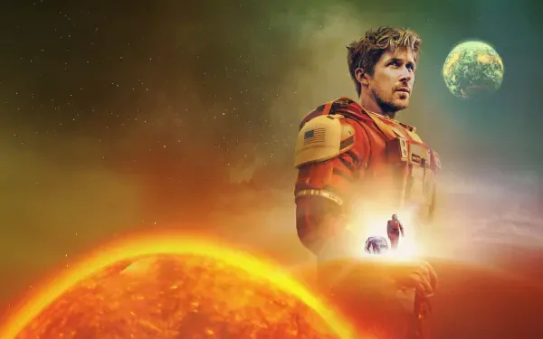 Project Hail Mary 4K Ultra HD PC wallpaper: astronaut in orange suit framed by a blazing star, a distant green planet and a small spacecraft in a hazy cosmic sky.