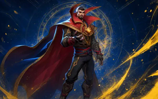 Marvel Rivals 4K Ultra HD PC wallpaper: Doctor Strange in a crimson cloak conjuring golden arcane swirls before a glowing mystic circle on a cosmic blue background.