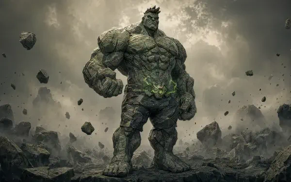 Marvel Rivals 4K Ultra HD PC desktop wallpaper: towering stone-clad, Hulk-like titan stands amid floating rubble under a stormy sky with dramatic cinematic lighting.