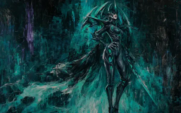 Marvel Rivals 4K Ultra HD PC desktop wallpaper: towering armored figure in teal-black, energy blades and flowing mist against a dark, textured abstract background.
