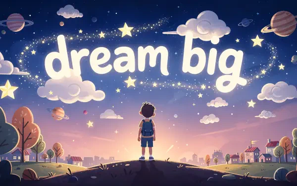 4K Ultra HD PC desktop wallpaper and background: child on a hill at dusk gazing at a starry sky with clouds, planets and glowing dream big text above a small town.