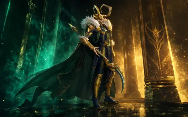 Marvel Rivals video game 4K Ultra HD PC desktop wallpaper: horned armored figure in green and gold cape wielding a curved blade in a glowing teal-and-gold hall.