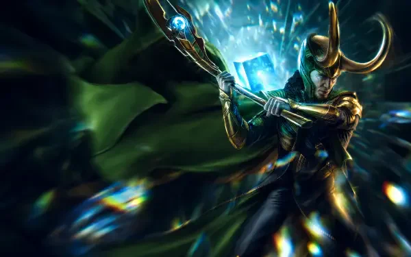 Dynamic 4K Ultra HD PC desktop wallpaper of Loki (Marvel Comics) in horned helmet and green cloak, brandishing a glowing scepter amid shards of blue energy.