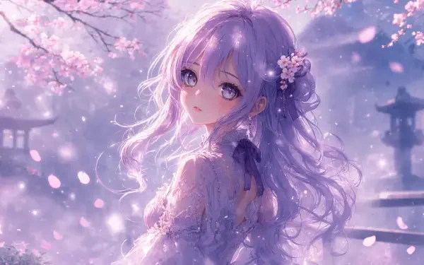 Kawaii anime girl with flowing lavender hair and floral hairpin amid falling cherry blossoms, soft pastel lighting — 5K Ultra HD PC desktop wallpaper background