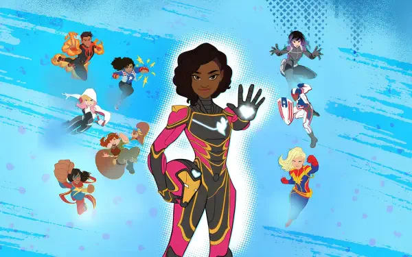 Marvel Rising 4K Ultra HD PC desktop wallpaper featuring animated heroes, a central armored young hero with hand raised against a blue comic-style background.