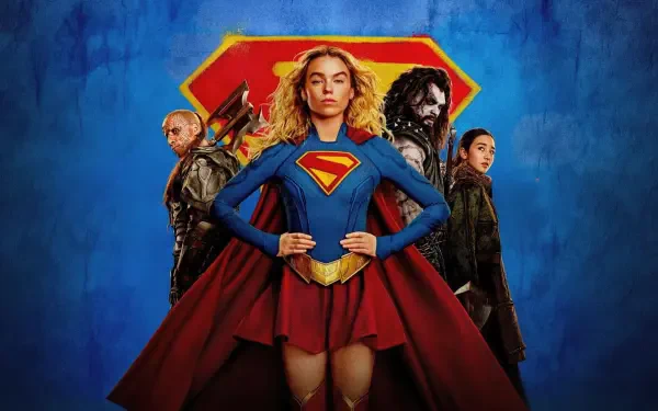Supergirl (2026) 4K Ultra HD PC desktop wallpaper: Supergirl stands center in red cape and 'S' emblem, flanked by three allies against a textured blue background.