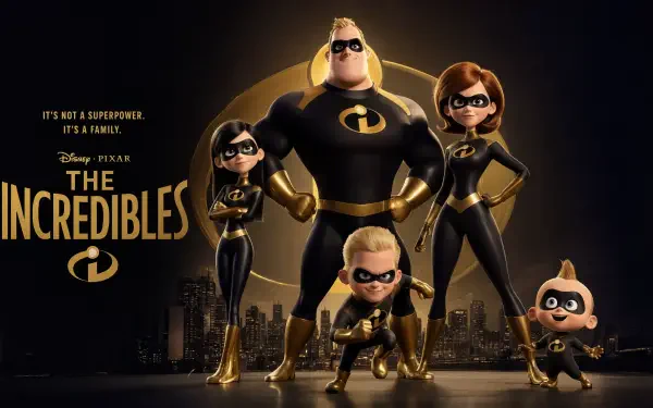 The Incredibles family in black-and-gold superhero suits striking heroic poses before a nighttime city skyline — 5K Ultra HD PC desktop wallpaper/background.