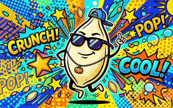 Vibrant pop-art 5K Ultra HD PC desktop wallpaper and background of a cool cartoon pumpkin seed wearing sunglasses and a chain amid comic-style stars, bursts and CRUNCH! POP! text.