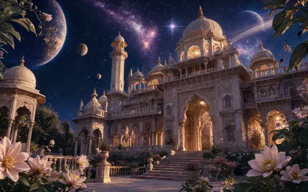 5K Ultra HD PC desktop wallpaper and background of an ornate colonial architecture palace at night beneath a starry, planet-filled sky, glowing archways and lush gardens.