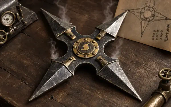 Steampunk-style metal shuriken with a brass center on a worn wooden table, parchment sketch and clockwork pieces nearby — 5K Ultra HD PC Desktop Wallpaper and Background