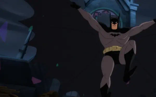 HD PC desktop wallpaper of Batman: Caped Crusader TV show, animated Batman leaping with cape spread against a dark Gotham backdrop.