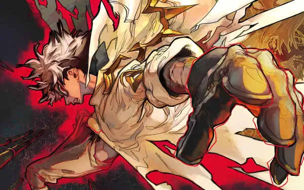Dynamic anime illustration (Gachiakuta) from Wallpaper Abyss: gold-and-red warrior lunges forward with outstretched hand, dramatic motion and lighting — 2K Quad HD PC desktop wallpaper