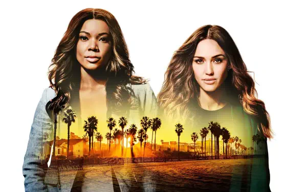 L.A.'S Finest 4K Ultra HD PC desktop wallpaper: two female detectives portrait blended with a golden Los Angeles palm-tree sunset over the beach skyline.