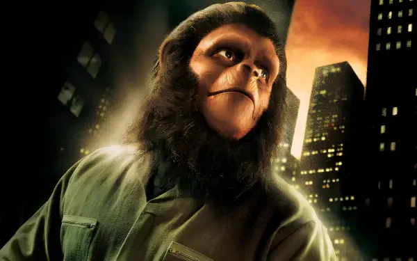 Planet of the Apes 4K Ultra HD PC desktop wallpaper/background: close-up of an ape in a military-style jacket, lit by warm light against a backdrop of glowing skyscrapers at night.