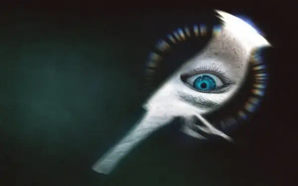 Disclosure Day 4K Ultra HD PC desktop wallpaper: surreal turquoise eye embedded in a white, elongated mask-like form against a dark, grainy green background.