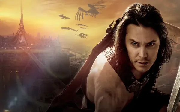 4K Ultra HD PC desktop wallpaper and background of John Carter - a determined warrior crouched with a blade before an alien city skyline and flying ships at sunset.