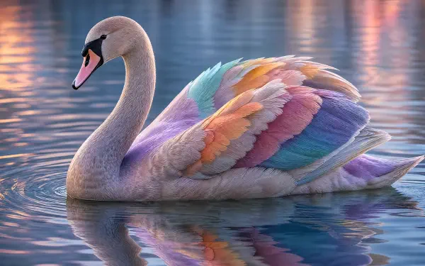 Mute swan with pastel rainbow wings gliding on calm reflective water — 4K Ultra HD PC desktop wallpaper background.
