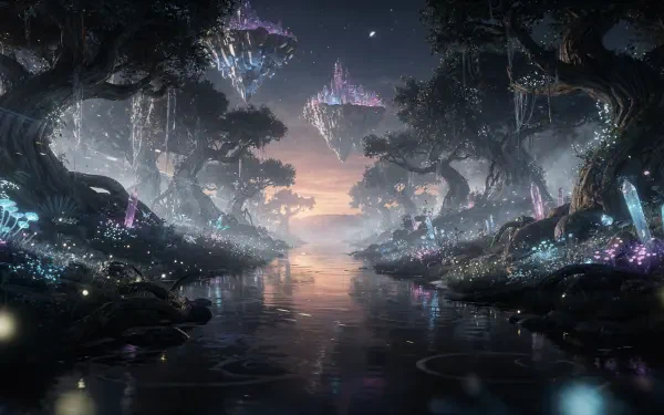 4K Ultra HD PC desktop wallpaper: a twilight magical realm with floating crystalline islands, bioluminescent trees and a glowing river reflecting a pastel sky.