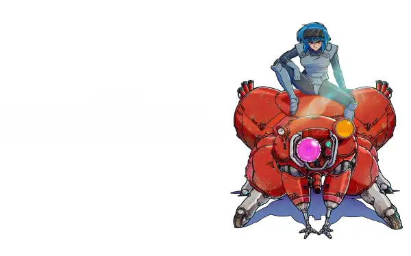 The Ghost in the Shell 2026, Ghost in the Shell 4K Ultra HD PC desktop wallpaper: blue-haired cyborg perched on a red, spider-like mecha against a white background.