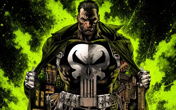 Punisher in tactical gear opening his coat to reveal the skull emblem against neon green smoke — 4K Ultra HD PC desktop wallpaper and background