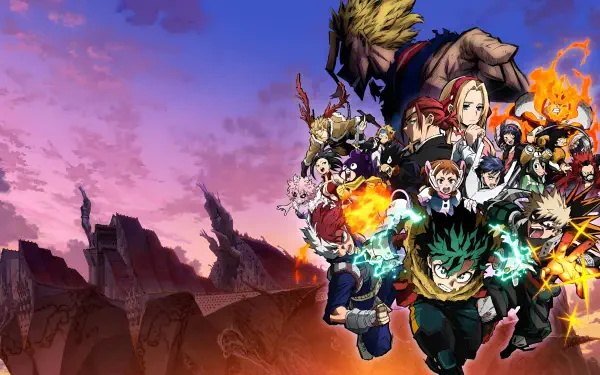 My Hero Academia: You're Next — My Hero Academia 4K Ultra HD PC desktop wallpaper and background: Izuku Midoriya and fellow heroes charge past a ruined city at sunset amid flames and energy effects.