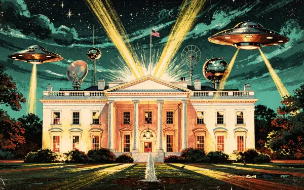 4K Ultra HD PC desktop wallpaper background: The White House at night beneath a glowing green sky as multiple UFOs hover and beam light, alien crafts circling the building.