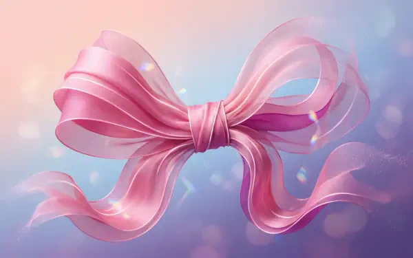 Translucent pink bow ribbon with flowing tails on a soft pastel bokeh backdrop — 5K Ultra HD PC desktop wallpaper and background.