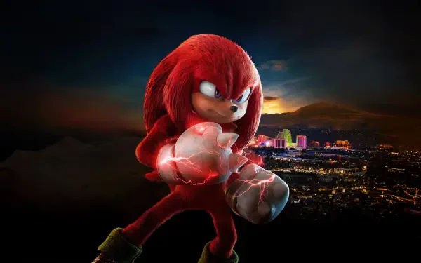 Knuckles (2024) snarling with crackling, glowing fists above a neon-lit city at dusk — 4K Ultra HD PC desktop wallpaper and background.