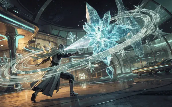 4K Ultra HD PC desktop wallpaper: a warrior casts a swirling ice spell, conjuring a massive crystal shard of magic in a futuristic hall.