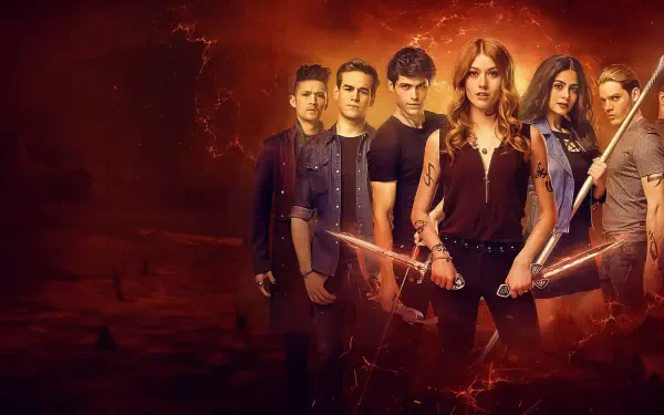 Shadowhunters characters posed against a fiery red-orange backdrop, six armed figures with runes and glowing effects — 4K Ultra HD PC desktop wallpaper and background.