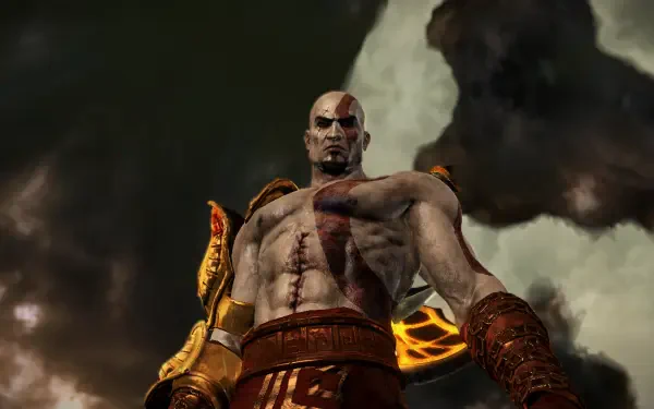 Kratos in God Of War III, blood-scarred and armored, stands against stormy clouds — HD PC desktop wallpaper and background.