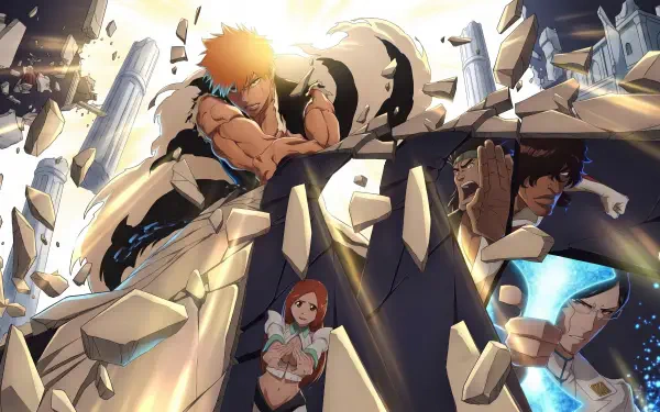 Bleach: Thousand-Year Blood War 4K Ultra HD PC desktop wallpaper and background — Ichigo and allies in a dynamic battle pose amid shattered stone pillars and radiant light.