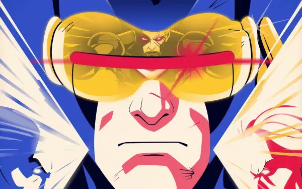 Close-up stylized Cyclops with glowing visor beams, flanked by two X-Men silhouettes in blue and gold — X-Men '97 4K Ultra HD PC desktop wallpaper/background