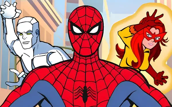 Spider-Man flanked by Iceman (left) and Firestar (right) in a vibrant comic-city scene — Spider-Man and His Amazing Friends 4K Ultra HD PC desktop wallpaper